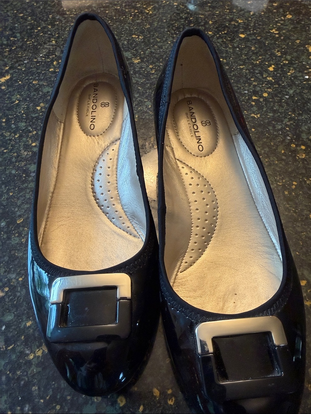 Bandolino Black Patent Wedge with Silver Buckle Accent